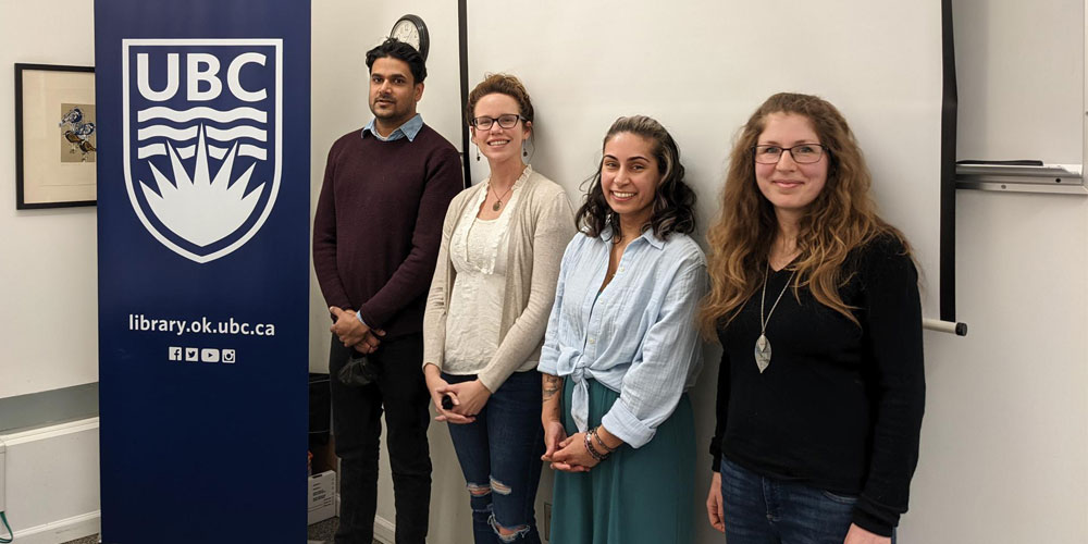 Naben Ruthnum with contest winners Stephanie Plumb, Manjinder Sidhu-Kong and Laura Foisy