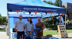 Description: Espaces francophones Team 2022-2023; Carl Ruest, Aradhita Arora, Francis Langevin, launch event, September 2022.