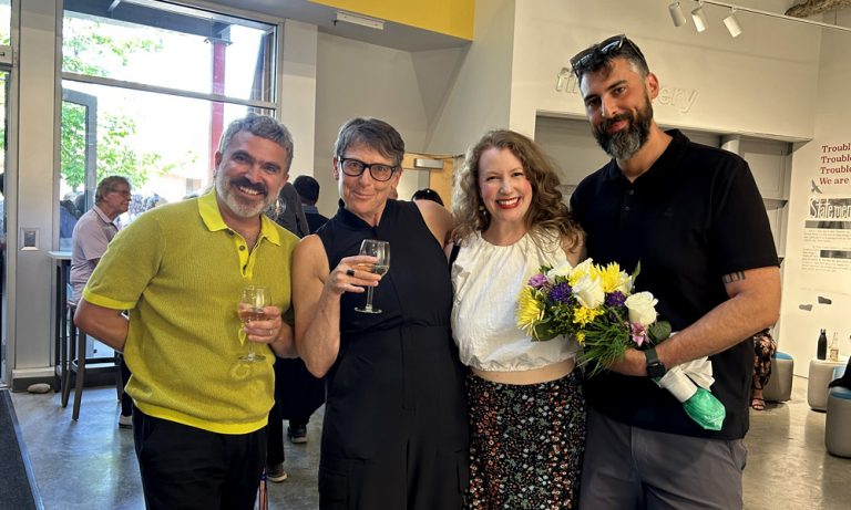 Left to right: FCCS faculty members Francis Langevin and Denise Kenney with MFA graduate Miriam Cummings and her partner