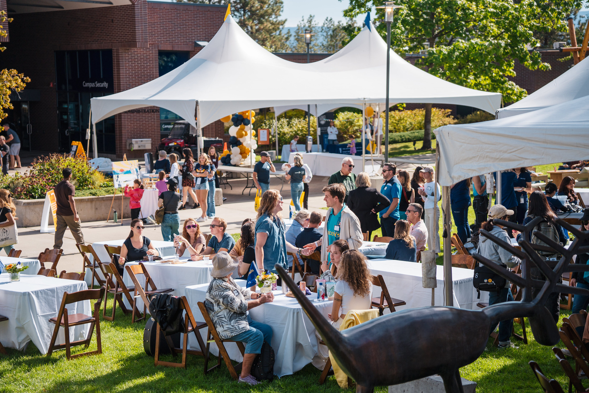 Tents and tables welcome guests to a courtyard under hot, sunny skies, with green grass and happy guests under them.
